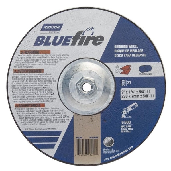 Norton Co Grinding Wheel, Depressed Center, Type 27 - Zirconia Alumina, 9 x 1/4 x 5/8-11, Max RPM: 6600 662528-43246 - main